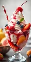 Creamy dessert topped with fresh fruits and syrup in a clear glass dish at a summer gathering photo