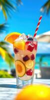 Refreshing tropical beverage sits on a table with vibrant fruit slices on a sunny beach day photo