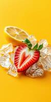 Fresh strawberry and lemon on ice cubes with a bright yellow background showcasing vibrant summer colors photo
