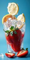 Refreshing strawberry drink with ice and lemon slices served in a clear glass against a blue background photo