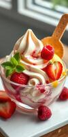 Delicious dessert featuring soft serve ice cream topped with fresh fruits and decorative spoon on a wooden table photo