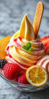Indulging in vibrant soft-serve ice cream with fresh fruits and a wafer in a sunny outdoor setting photo