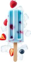 Colorful frozen popsicle with mixed berries and ice cubes on a bright background photo
