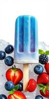 Colorful popsicle surrounded by fresh berries and ice on a white background for a refreshing summer treat photo