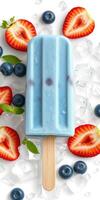 Colorful ice pop surrounded by fresh strawberries, blueberries, and ice cubes on a white background photo