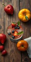 Refreshing fruit cocktail with strawberries, blueberries, and pears on rustic wooden table photo