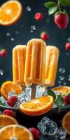 Refreshing summer popsicles made with fresh oranges and raspberries on a bed of ice photo