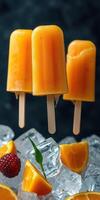 Refreshing orange popsicles resting on ice with fresh fruit in a bright setting during summer photo