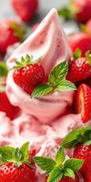 Delicious strawberry soft serve ice cream topped with fresh strawberries and mint leaves in a vibrant setting photo