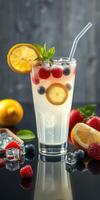 Refreshing berry lemon drink with mint and ice garnished beautifully on a dark surface photo