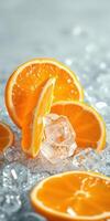 Fresh orange slices with ice cubes on a bed of crushed ice in a bright setting, perfect for summertime refreshments and desserts photo