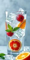 Refreshing summer drink with ice, fruits, and mint on a bright backdrop photo