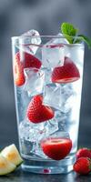 Refreshing drink featuring ice and strawberries in a glass during a warm afternoon photo