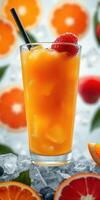 Refreshing citrus drink with ice and fresh fruit garnishes served in a tall glass photo