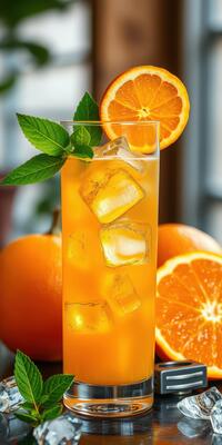 Refreshing citrus drink with orange slices and mint displayed on a wooden countertop with fresh oranges in the background