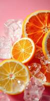 Brightly colored citrus fruits on ice create a refreshing and vibrant composition suitable for summer enjoyment photo