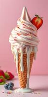 Creamy ice cream cone topped with fresh strawberries and colorful sprinkles on a pink background photo