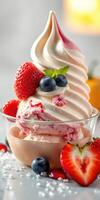 Delicious swirl of soft serve ice cream topped with fresh strawberries and blueberries in a clear bowl photo