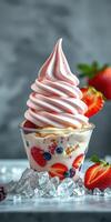 Delicious swirled soft serve dessert topped with fresh strawberries and berries in a cup on ice photo