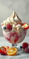 Delicious dessert featuring fresh berries, whipped cream, and fruity syrup in a glass bowl photo