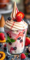 Delicious dessert featuring creamy swirled ice cream topped with fresh berries and mint leaves in a vibrant display photo