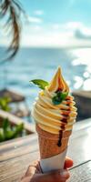 Enjoying a delicious swirl of ice cream by the beachfront during sunset with a refreshing view of the ocean photo