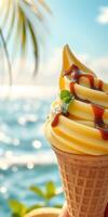 Enjoying a delicious soft serve ice cream cone by the beach on a sunny day photo