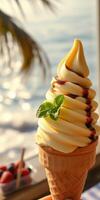 Delicious soft serve ice cream served in a cone with a view of the ocean and palm trees in the background photo
