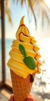 Delicious soft serve ice cream topped with syrup and mint leaf by the beach at sunset photo