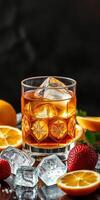 Refreshing cocktail garnished with strawberries and citrus on a dark background photo