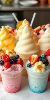 Colorful frozen desserts topped with fruits create a delightful summer treat at a bright ice cream shop photo