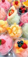 Colorful frozen treats topped with fresh fruit at a summer event in a vibrant market setting photo