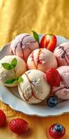 Colorful ice cream scoops with fresh fruits on a plate for a delicious summer treat photo
