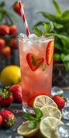 Refreshing summer drink with strawberries and mint displayed on a rustic table with citrus fruits nearby photo