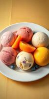Colorful ice cream scoops with fresh fruit arranged on a white plate in a bright setting photo