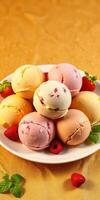 Colorful assortment of delicious ice cream scoops served on a plate with fresh raspberries photo