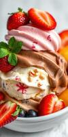 Delicious ice cream sundae topped with fresh strawberries and mint leaves in a decorative bowl photo
