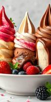 Delicious assortment of ice cream cones topped with fresh berries and chocolate drizzle on a bright background photo