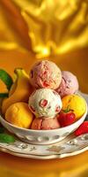 Colorful assortment of ice cream scoops served in a bowl with fresh fruit on a vibrant golden background photo