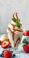 Delicious soft serve ice cream topped with chocolate sauce and fresh berries in a glass cup photo