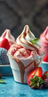 Delicious ice cream sundae garnished with fresh strawberries and chocolate sauce photo