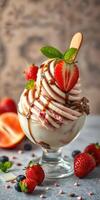 Delicious dessert with swirls of soft serve, fresh strawberries, and chocolate drizzle in a clear glass bowl photo