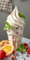 Delicious creamy treat topped with mint leaves and surrounded by fresh fruits on a bright table photo