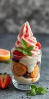 Delicious dessert featuring soft serve ice cream, fresh berries, and mint leaves served in a glass photo