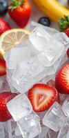 Fresh strawberries and lemon slices surrounded by ice cubes create a refreshing summer treat with vibrant colors photo
