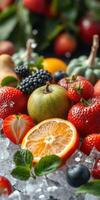 Fresh assortment of colorful fruits arranged with ice and greenery in a vibrant display suitable for a summer gathering photo