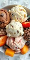 Indulging in a variety of ice cream scoops with fresh fruit on a sunny day photo