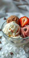 Delicious ice cream sundae with chocolate chips and fresh strawberries displayed on a white background photo