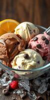 Delight in a bowl of assorted ice cream scoops with chocolate drizzle and fresh fruit slice photo