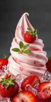 Indulging in a delicious strawberry soft serve topped with fresh berries photo